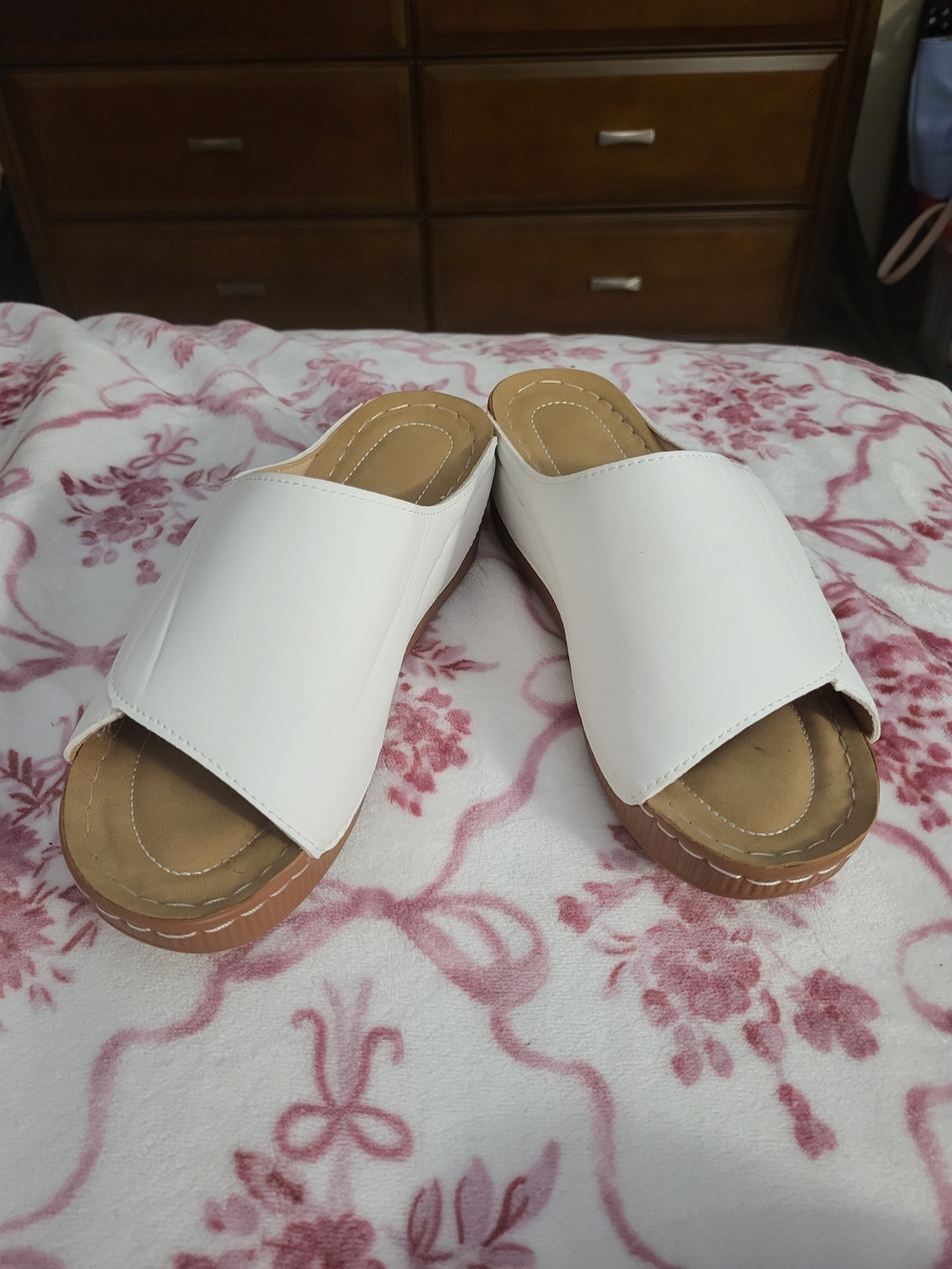 Classic White Slide Mules with Tan Footbed